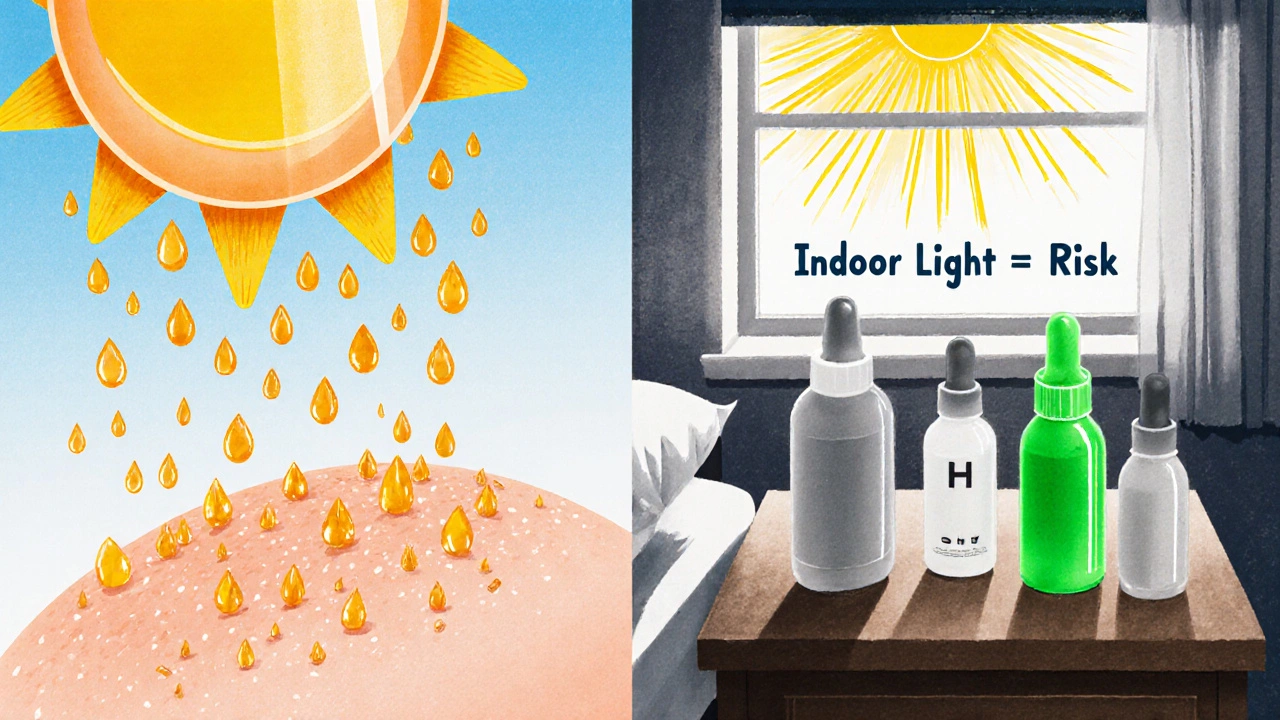 Daily skincare routine: morning vitamin C and sunscreen shield, evening alternating treatments with indoor light warning.