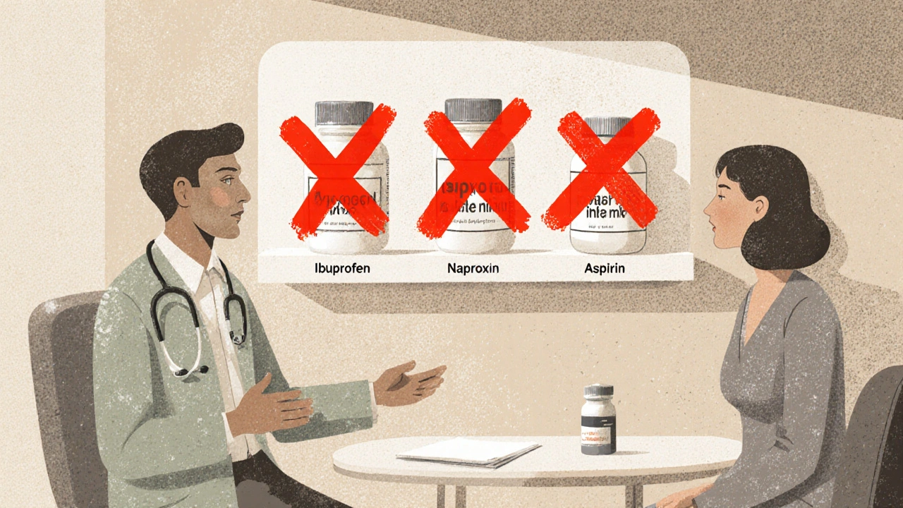 Doctor and patient discussing pain relief, with dangerous NSAIDs crossed out and acetaminophen highlighted.