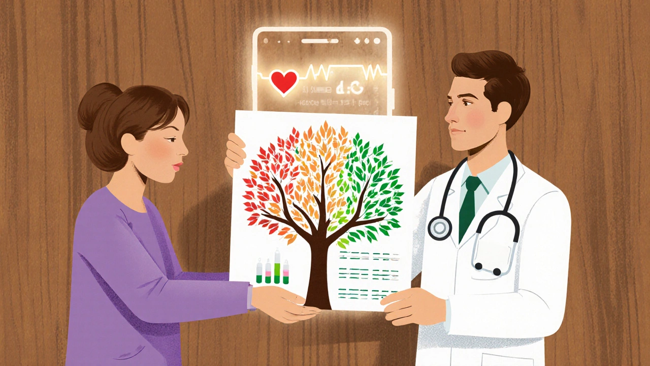 Doctor giving patient a tree-shaped titration chart with fading symptoms, in soft risograph style.