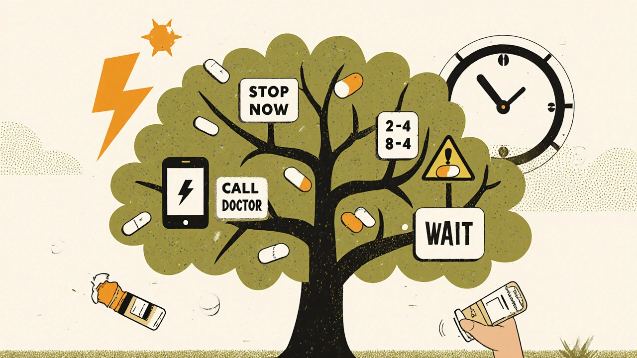 Four-tier decision tree as a vine with icons and pills, illustrating when to stop or call for medication side effects