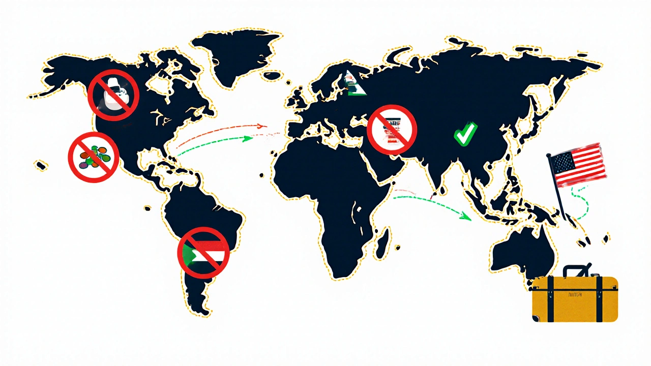 Globe showing banned medications in Japan, Thailand, and UAE with red prohibition icons