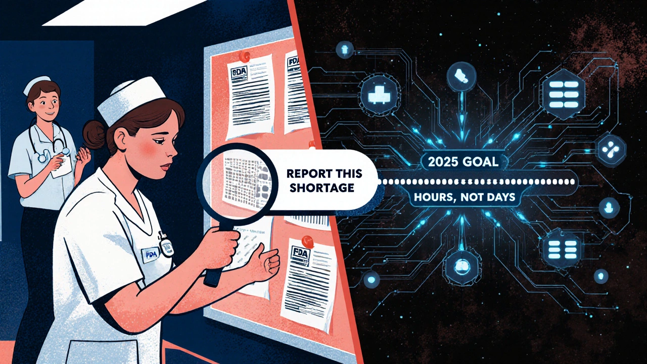 Hospital staff reviewing drug shortage reports, with AI prediction interface glowing beside them, symbolizing future improvements.