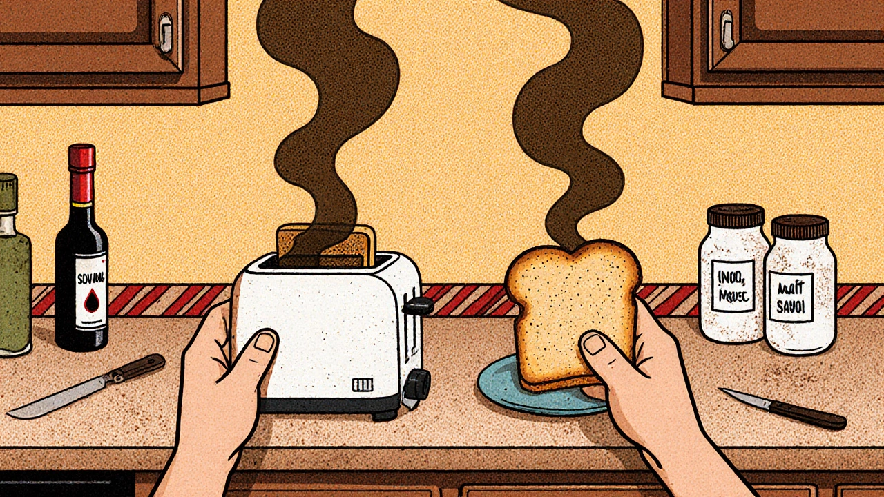 Kitchen counter with gluten-free and regular bread, invisible gluten particles spreading