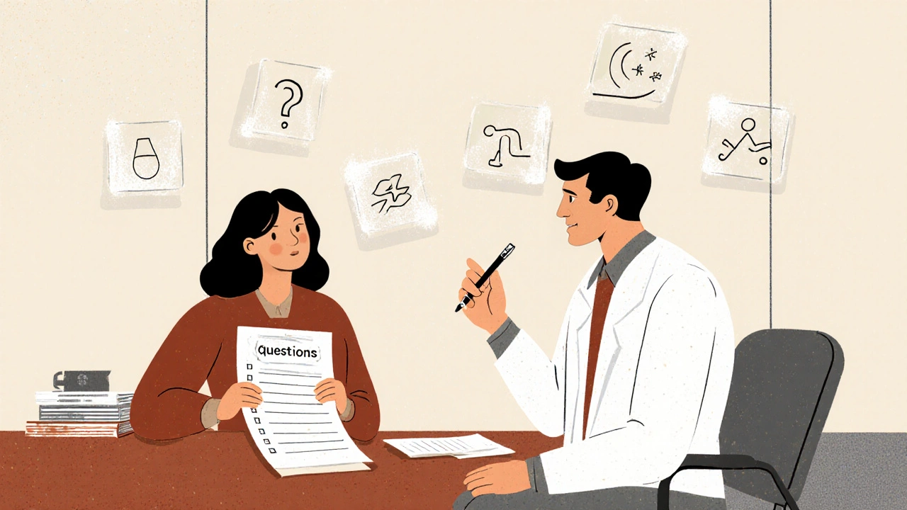 Patient and doctor discussing health questions in a clinic, with lifestyle icons floating nearby.