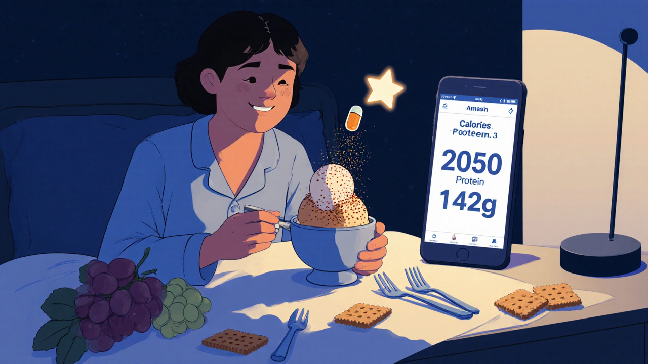 Patient eating protein-enriched ice cream at night, with omega-3 capsule and snacks nearby.