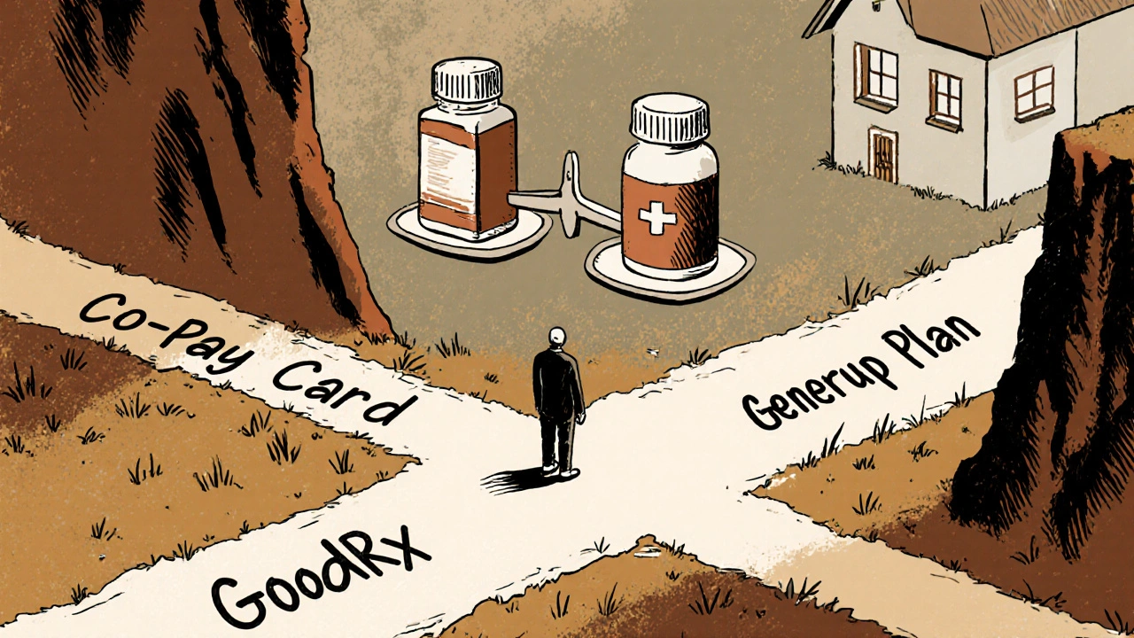 Person at crossroads choosing between copay card and GoodRx, near accumulator trap