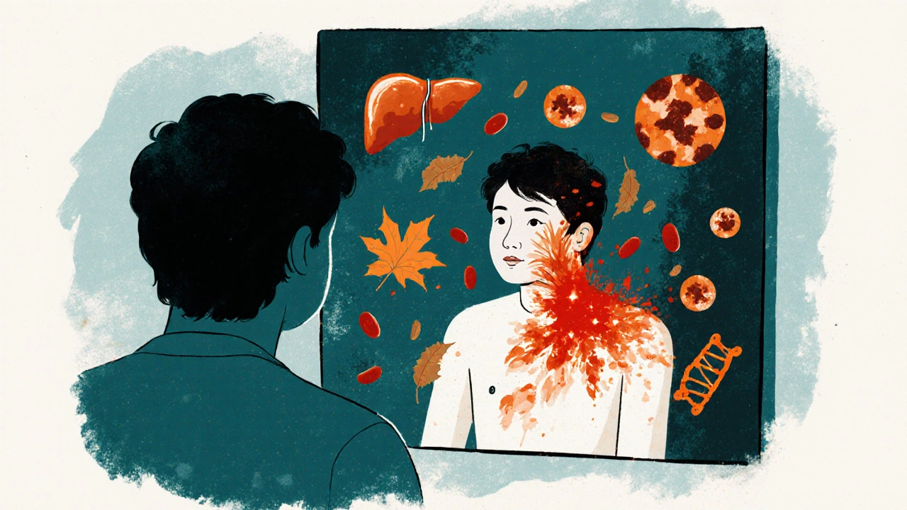 Person staring at peeling skin in mirror, red rash spreading, floating medical icons in background