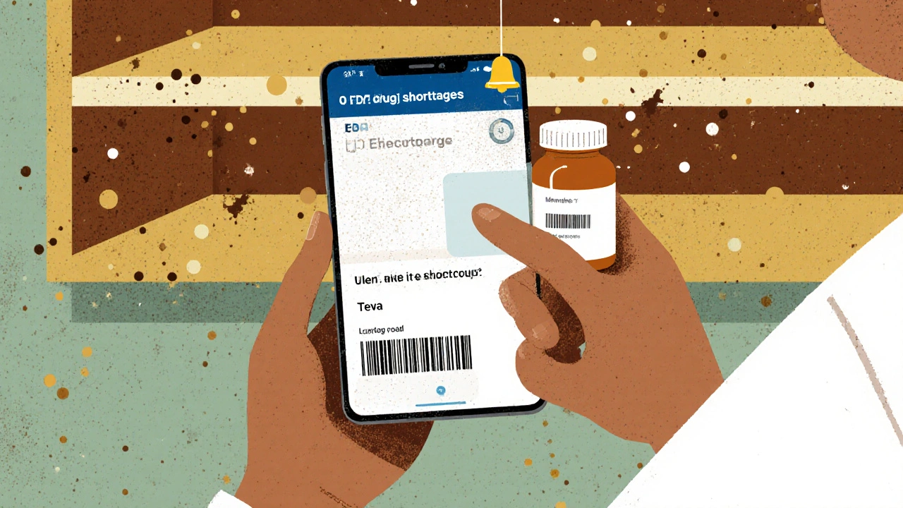 Pharmacist scanning medication barcode with FDA app, real-time shortage status displayed on phone screen.
