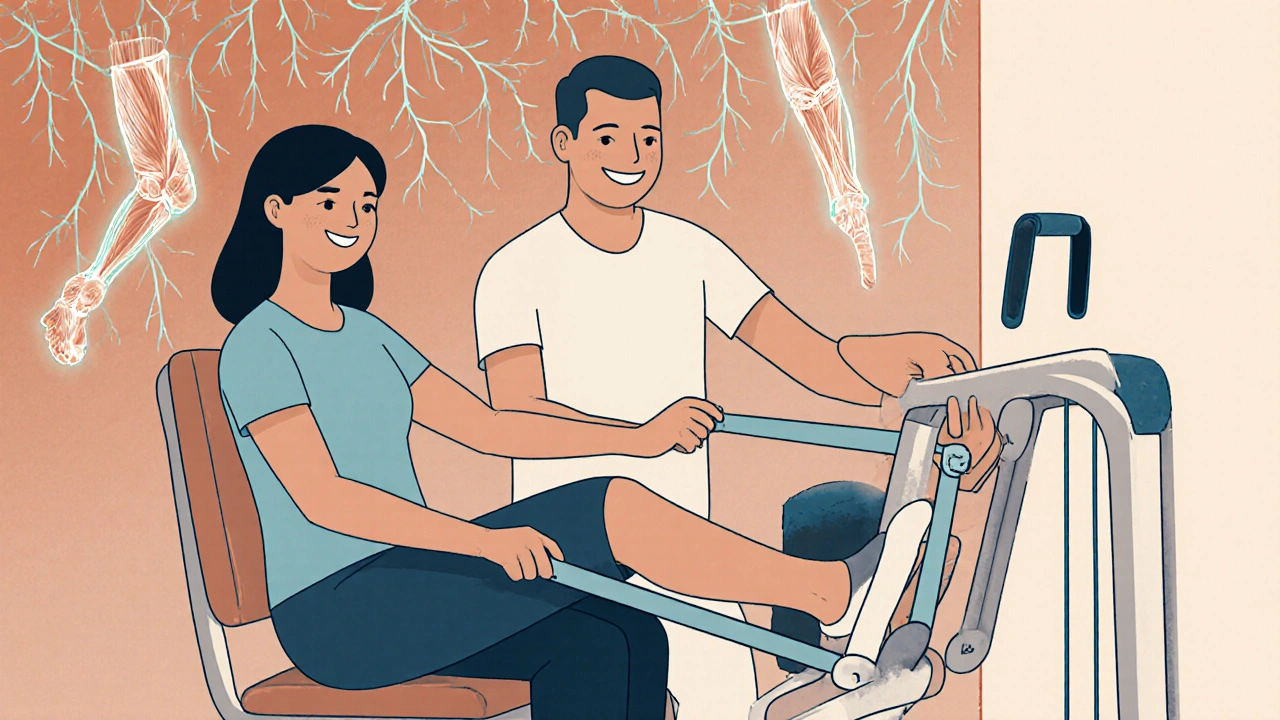 Physical therapist guiding patient in gentle leg press exercise with resistance bands.