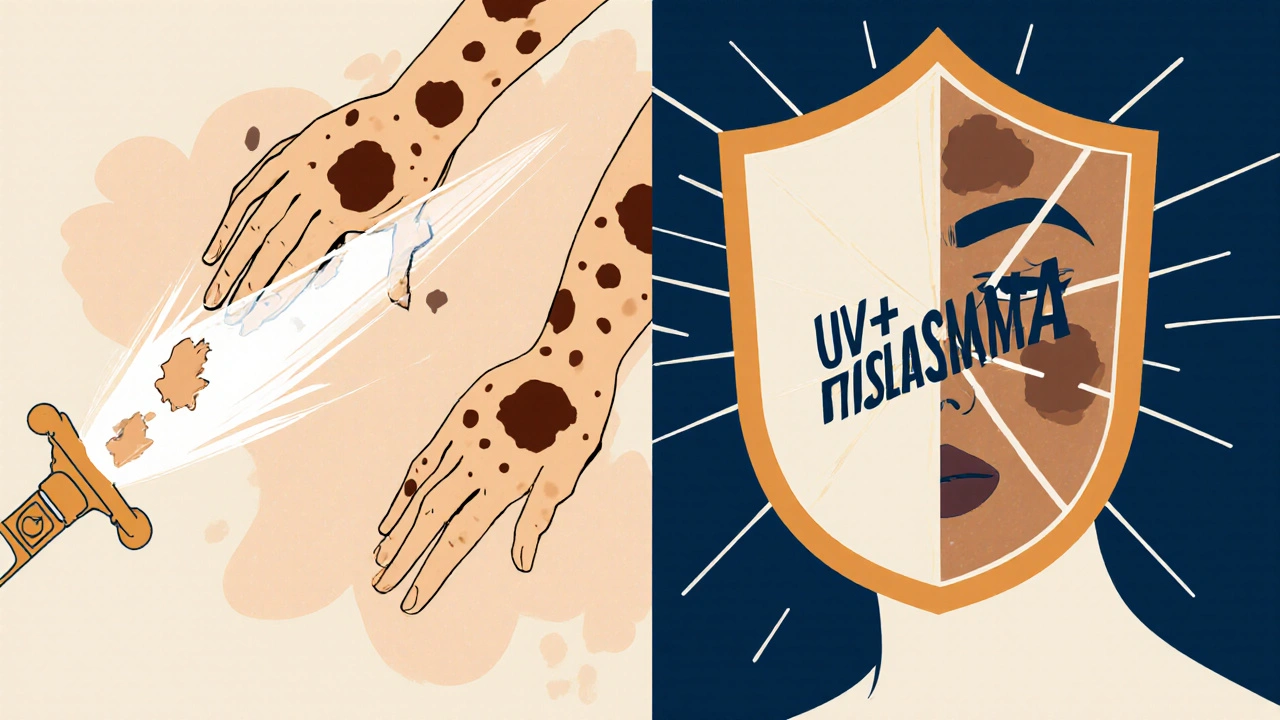 Side-by-side skin comparisons: sun damage spots versus melasma smudges, with laser treating one and light blocked from the other.