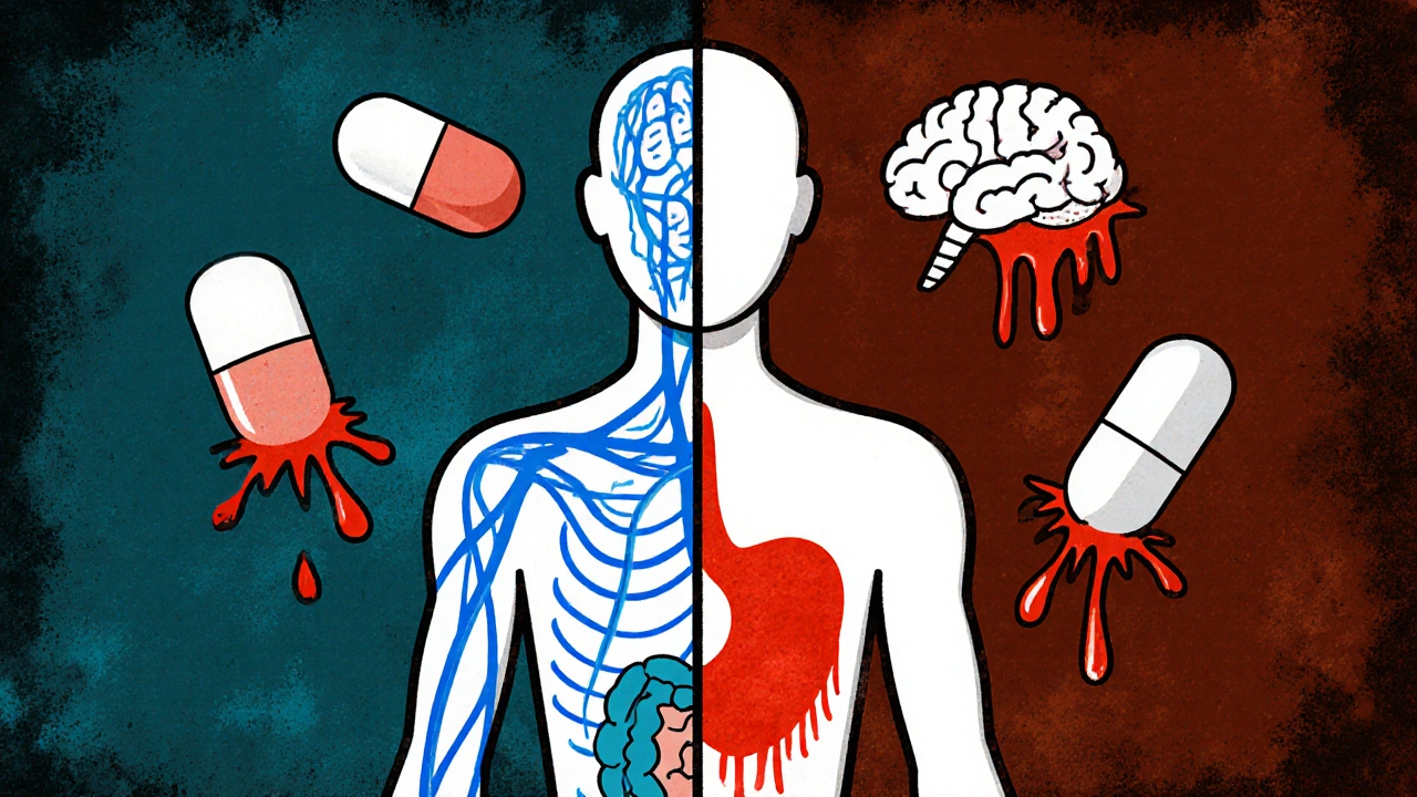 Split-body illustration showing healthy blood flow versus internal bleeding from NSAID and anticoagulant combo.