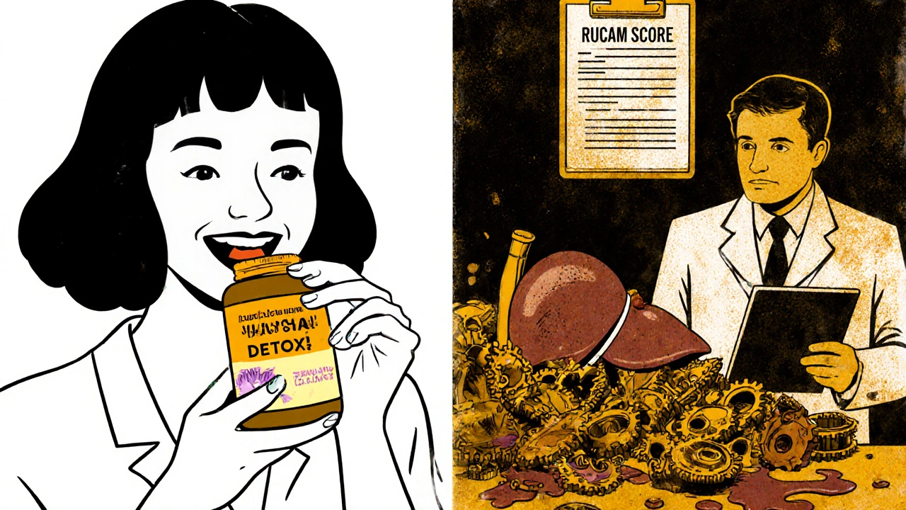 Split image: woman taking turmeric supplements vs. her collapsing liver, with a doctor holding a diagnostic clipboard.