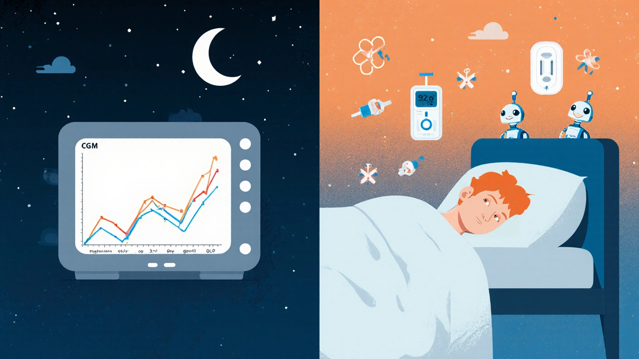 Split nighttime scene showing CGM trend and insulin pump robots quietly adjusting blood sugar levels.