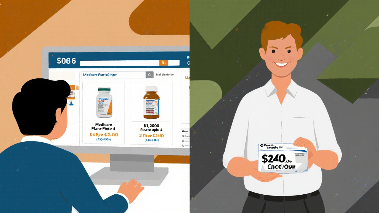 Split scene: person comparing high drug cost on computer to low mail-order price with geometric background.