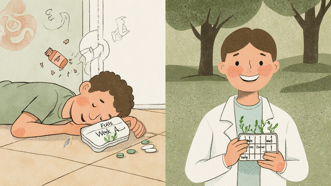 Split scene: person sick from full dose vs. calm walking with pill organizer, risograph illustration.