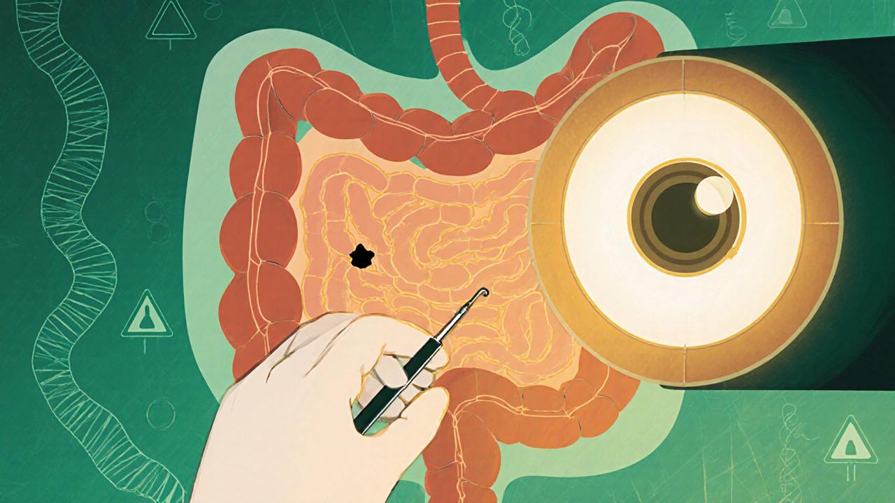 Stylized cross-section of a colon during colonoscopy, with a doctor removing a polyp and a glowing camera lens inside.