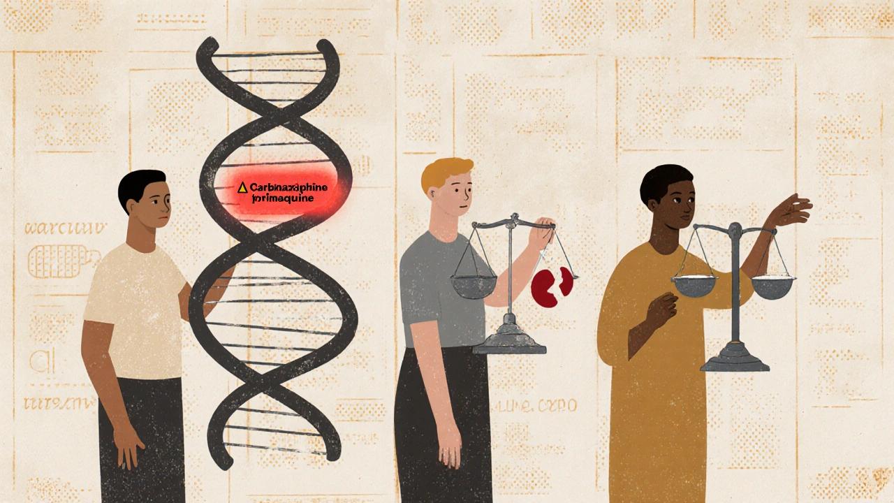 Three diverse figures with fragmented DNA helices showing drug interactions and genetic warnings