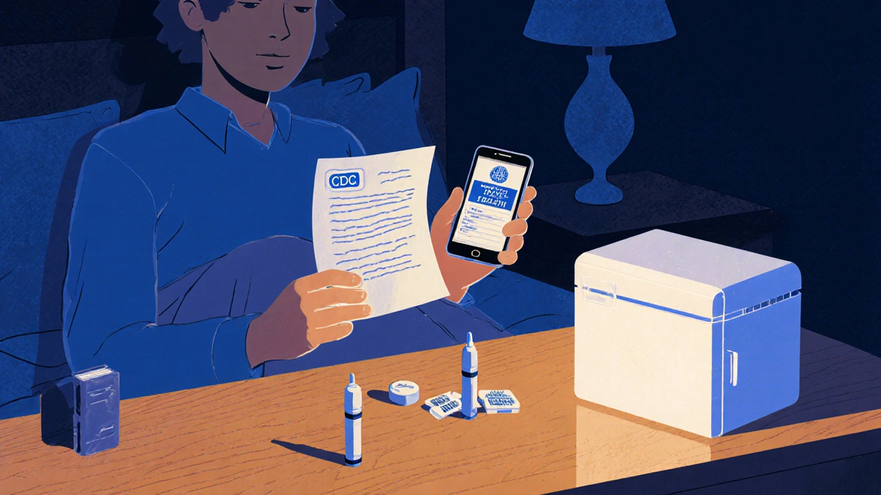 Traveler in hotel room with doctor’s letter, CDC app, and portable fridge for meds