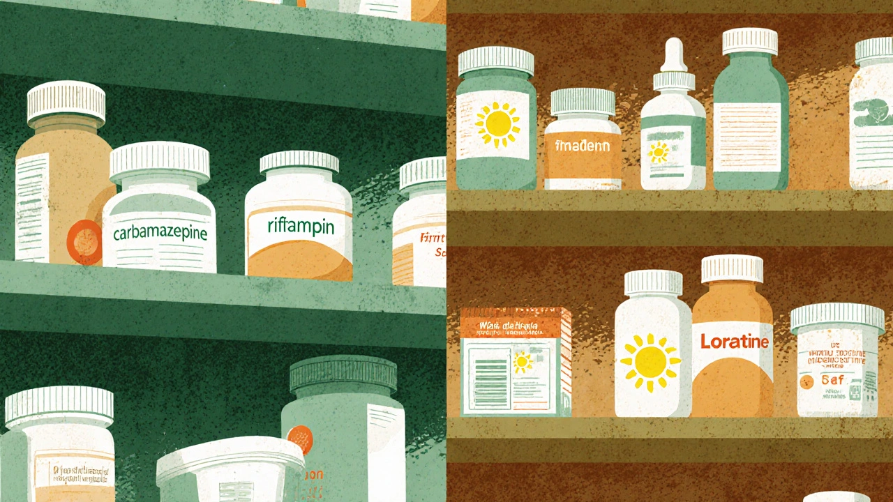Two pharmacy shelves: one with dangerous drugs casting shadows, one with safe meds, in retro print style.