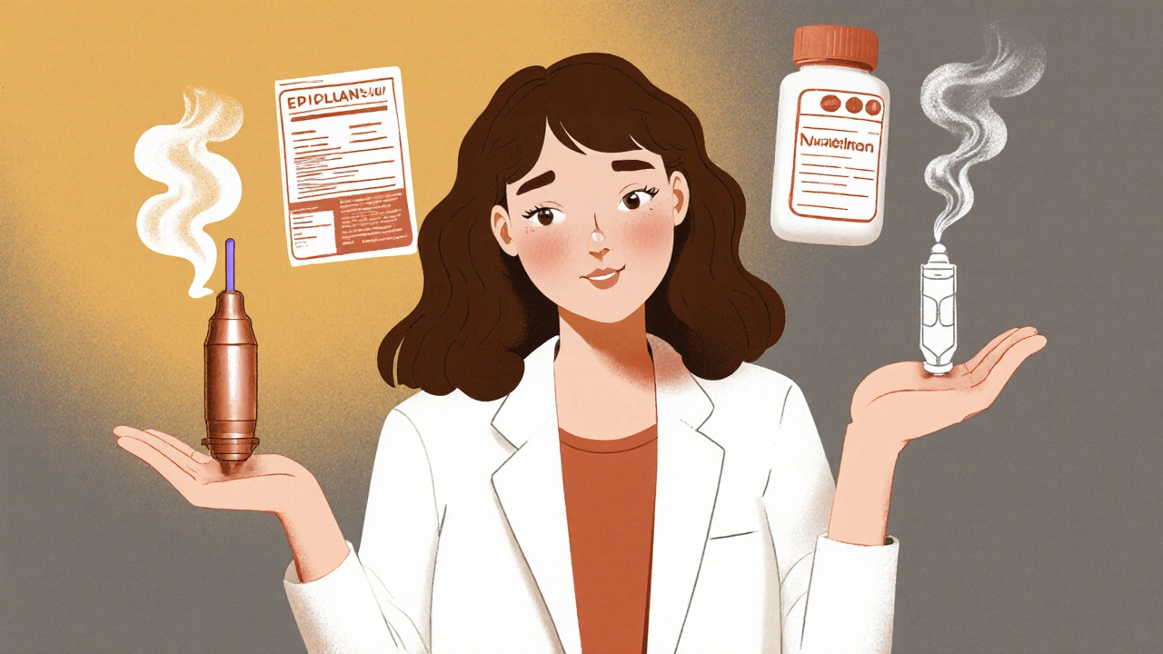 Woman choosing copper IUD and implant over fading birth control pill, with medical labels in risograph art.