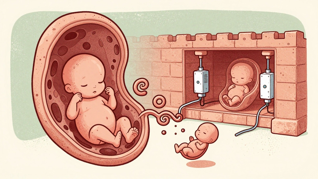A fragile early-pregnancy placenta allowing uncontrolled drug flow to a developing embryo.