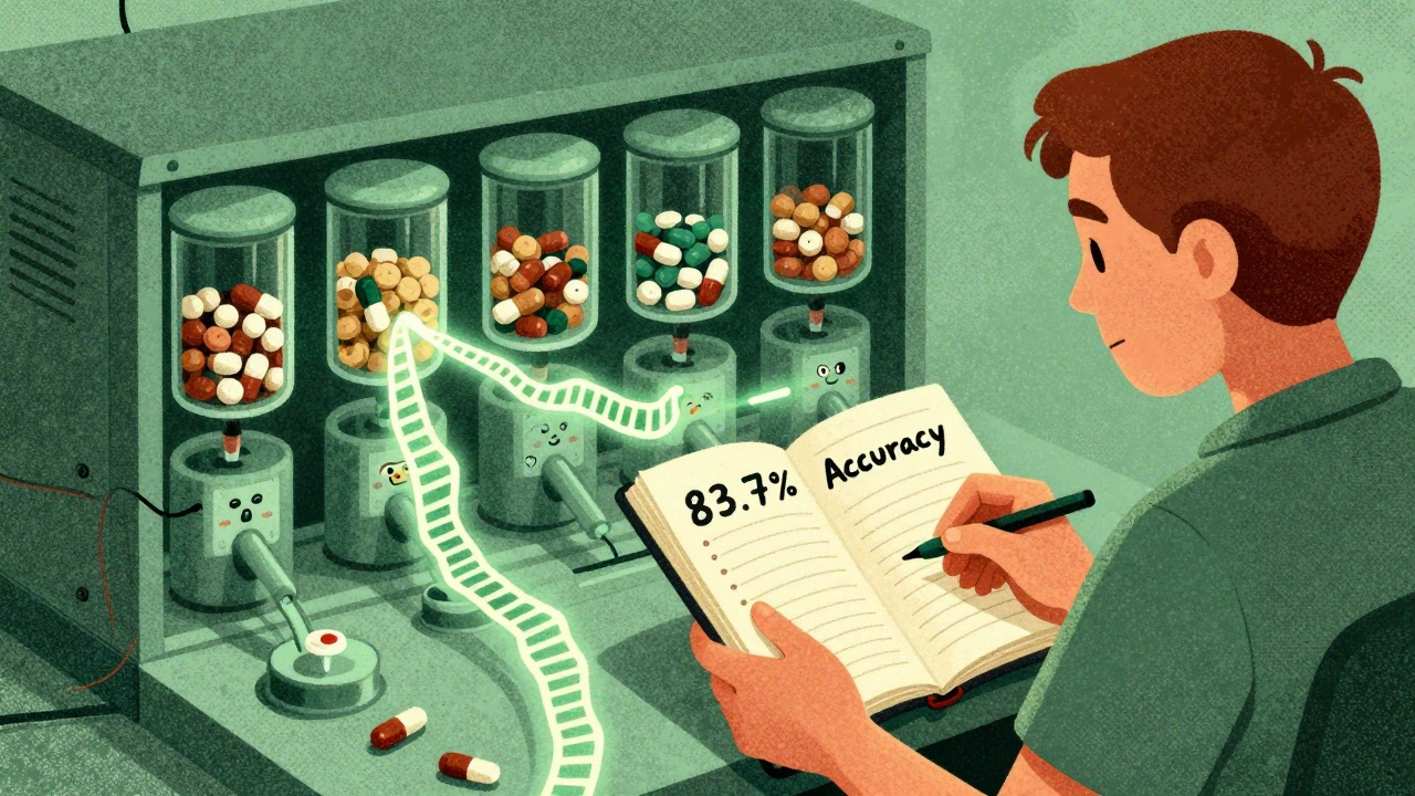 A patient with a symptom journal and genetic code, surrounded by hidden harmful ingredients in pill dispensers, risograph style.