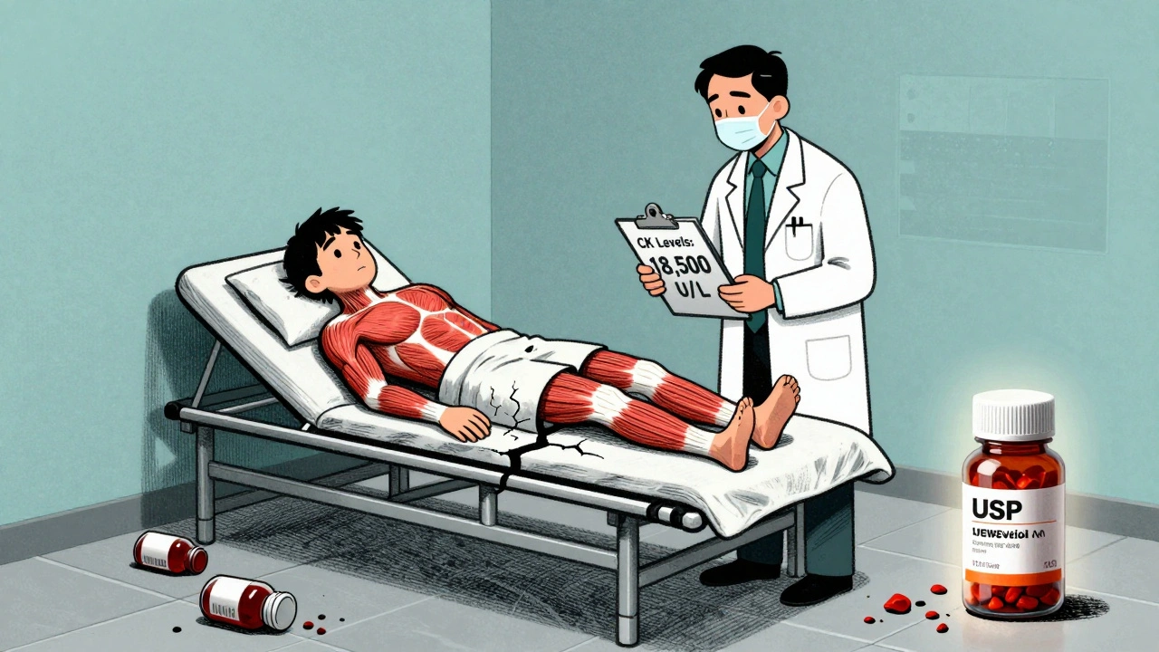 A patient with damaged muscles lies on a gurney as a doctor holds a blood test showing dangerously high CK levels.
