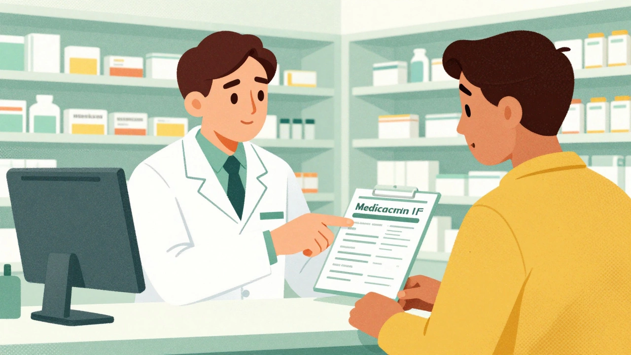 A pharmacist and patient looking at a Medication Guide on a pharmacy counter.