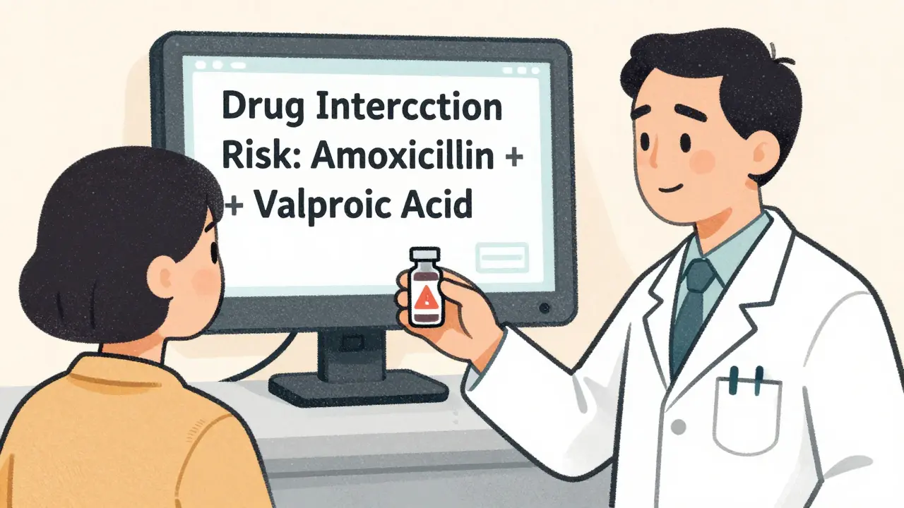 A pharmacist giving a patient a warning vial while a digital alert flashes in the background, rendered in risograph aesthetic.