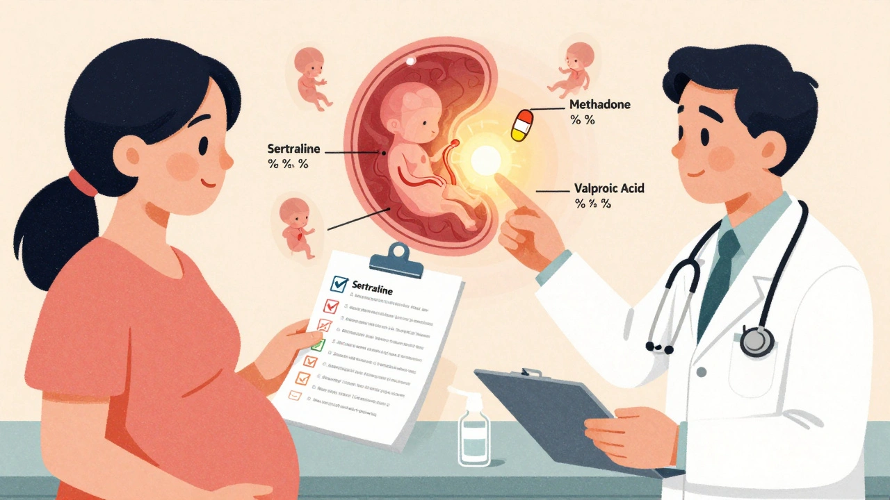 A pregnant person and doctor reviewing medication transfer rates on a placental diagram.