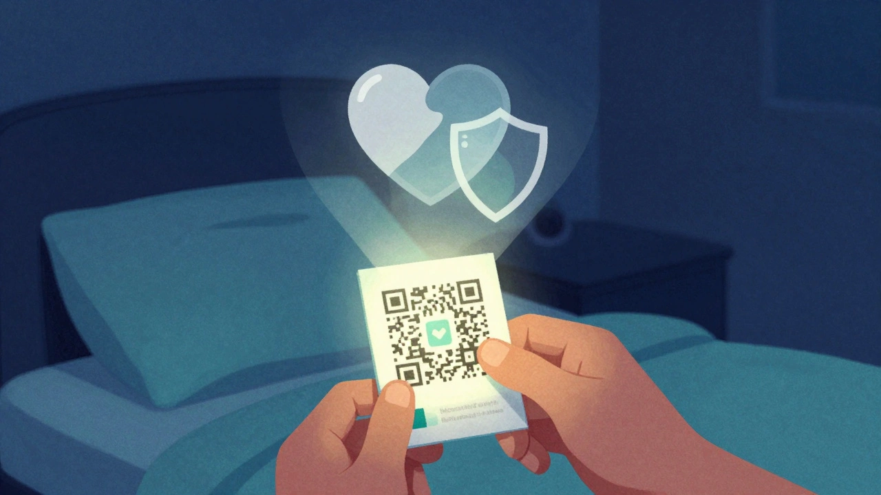 A QR code on a Medication Guide projecting a shielded heart icon in a nighttime bedroom setting.