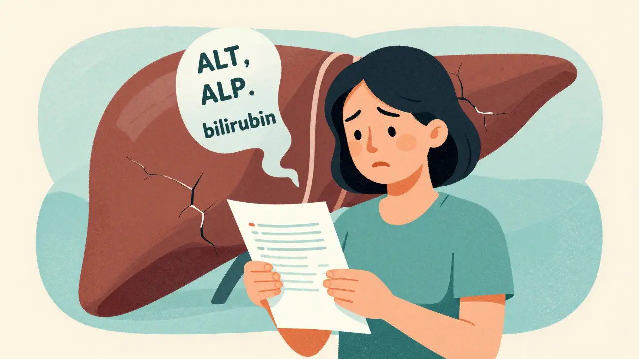 A woman holding a medication list with a shadowy, damaged liver behind her and floating lab values, illustrated in muted tones.