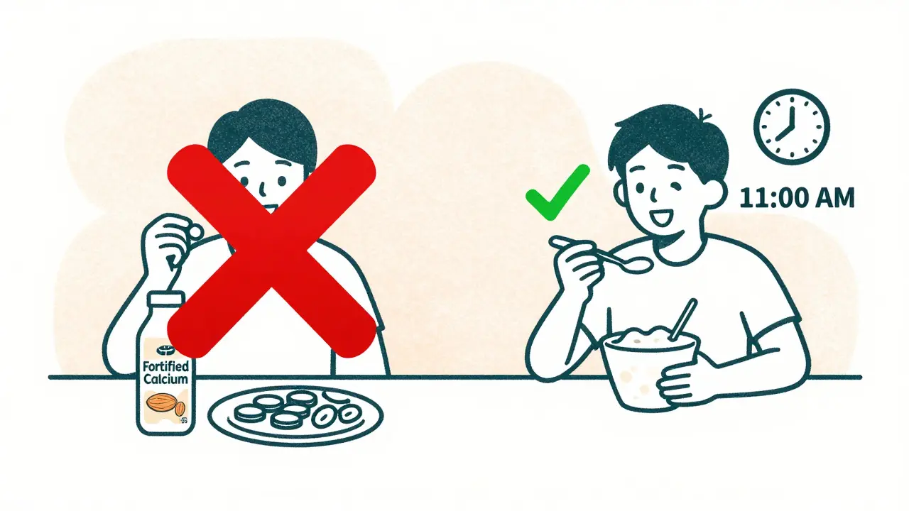 Breakfast table split between taking antibiotic with fortified almond milk (X) and waiting safely (checkmark).
