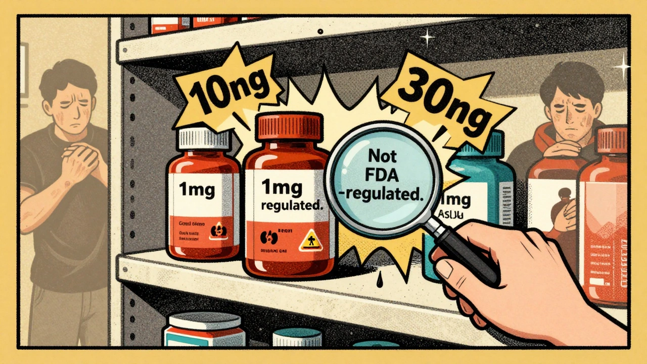 Chaos on a pharmacy shelf with red yeast rice supplements exploding into dangerous dosage numbers and toxin symbols.