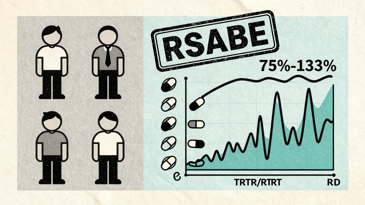 Comparison of standard and replicate crossover designs with RSABE range, rendered in risograph aesthetic.