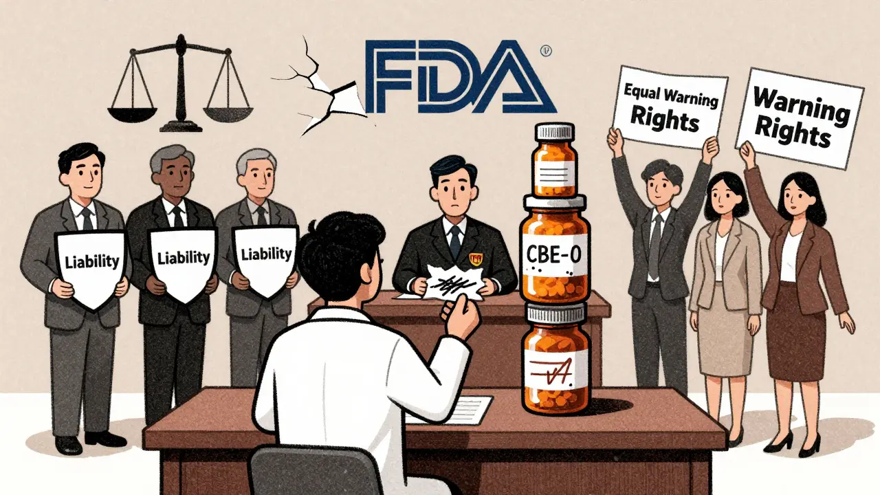 Courtroom with patient vs. generic makers and advocates, FDA scale cracked, torn CBE-0 label in hand.