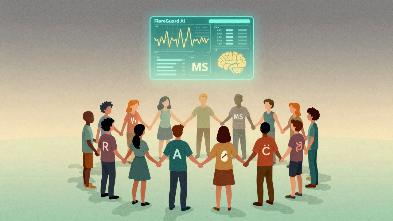 Diverse group holding hands with condition symbols, digital flare-prediction dashboard above in soft glow.