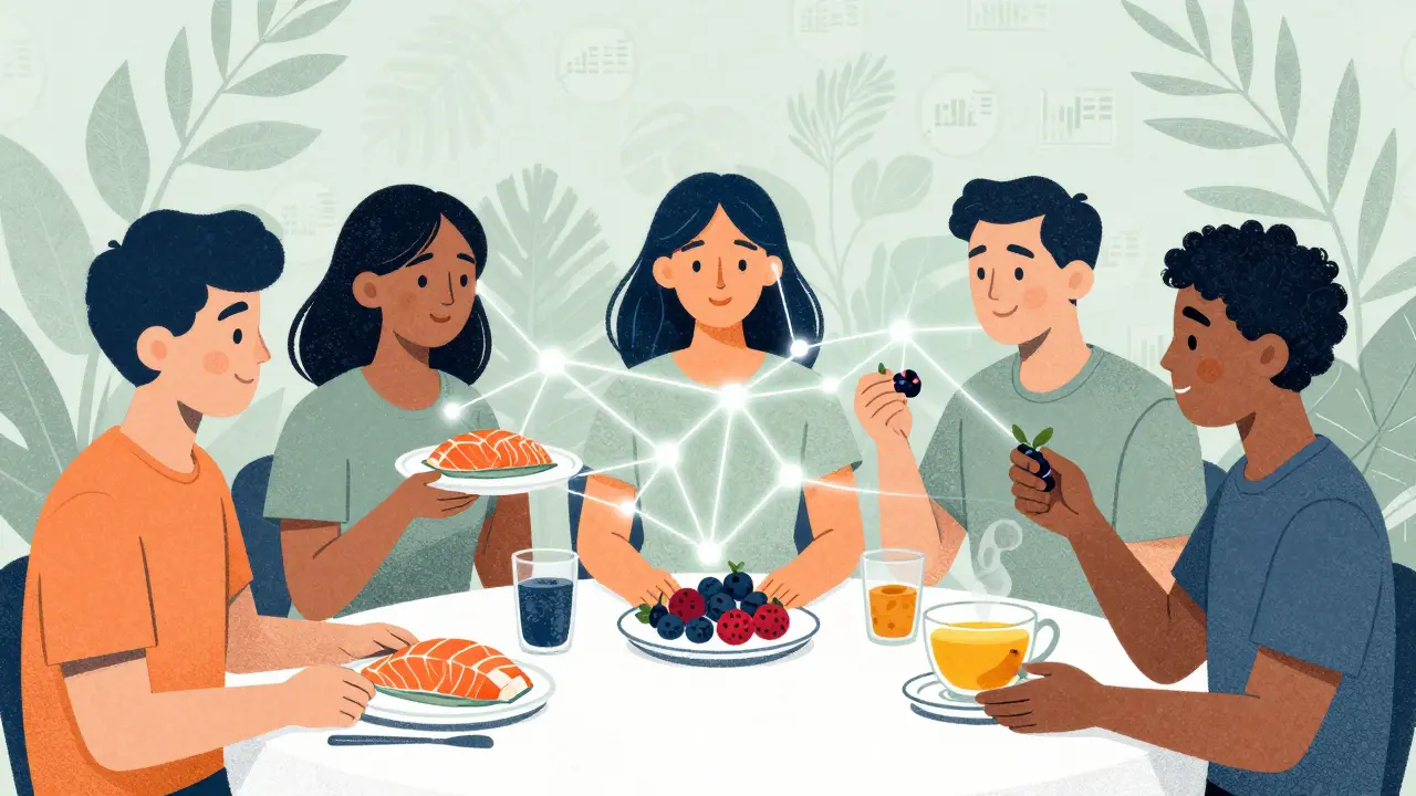 Diverse people at a table connected by glowing threads, symbolizing how anti-inflammatory foods calm the immune system.