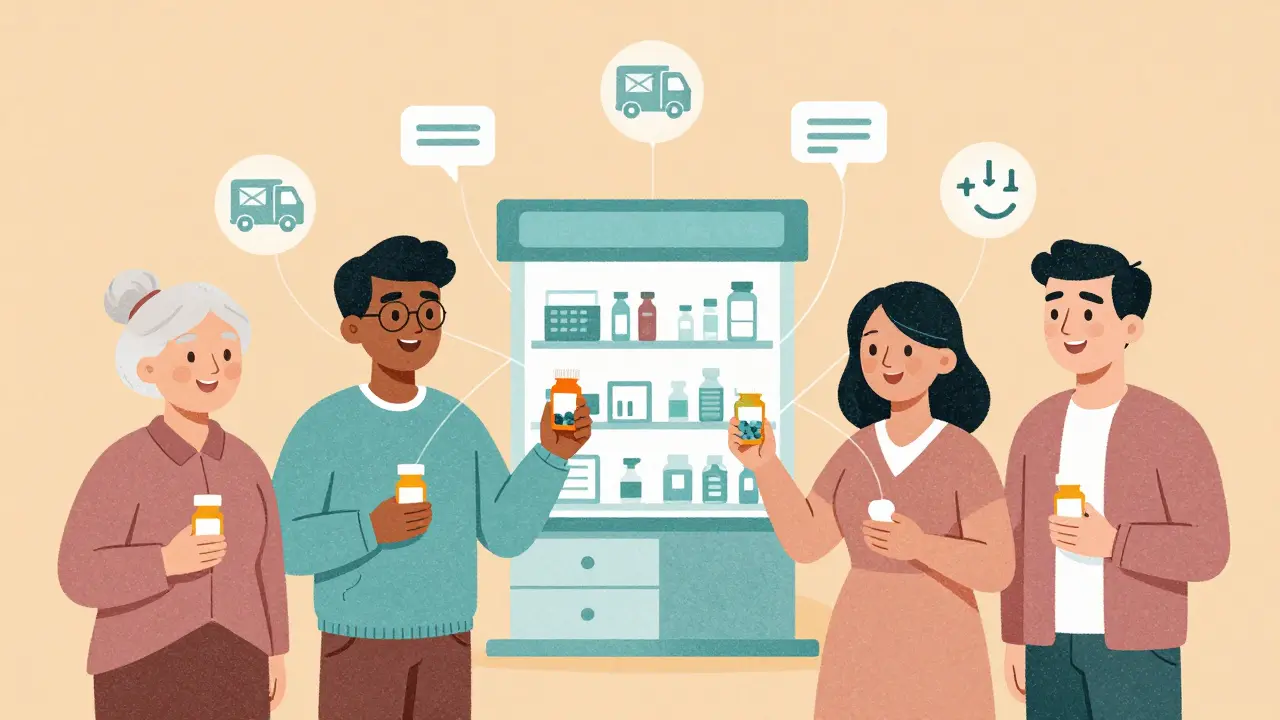 Diverse people holding pill bottles connected by digital threads to a pharmacy hub.