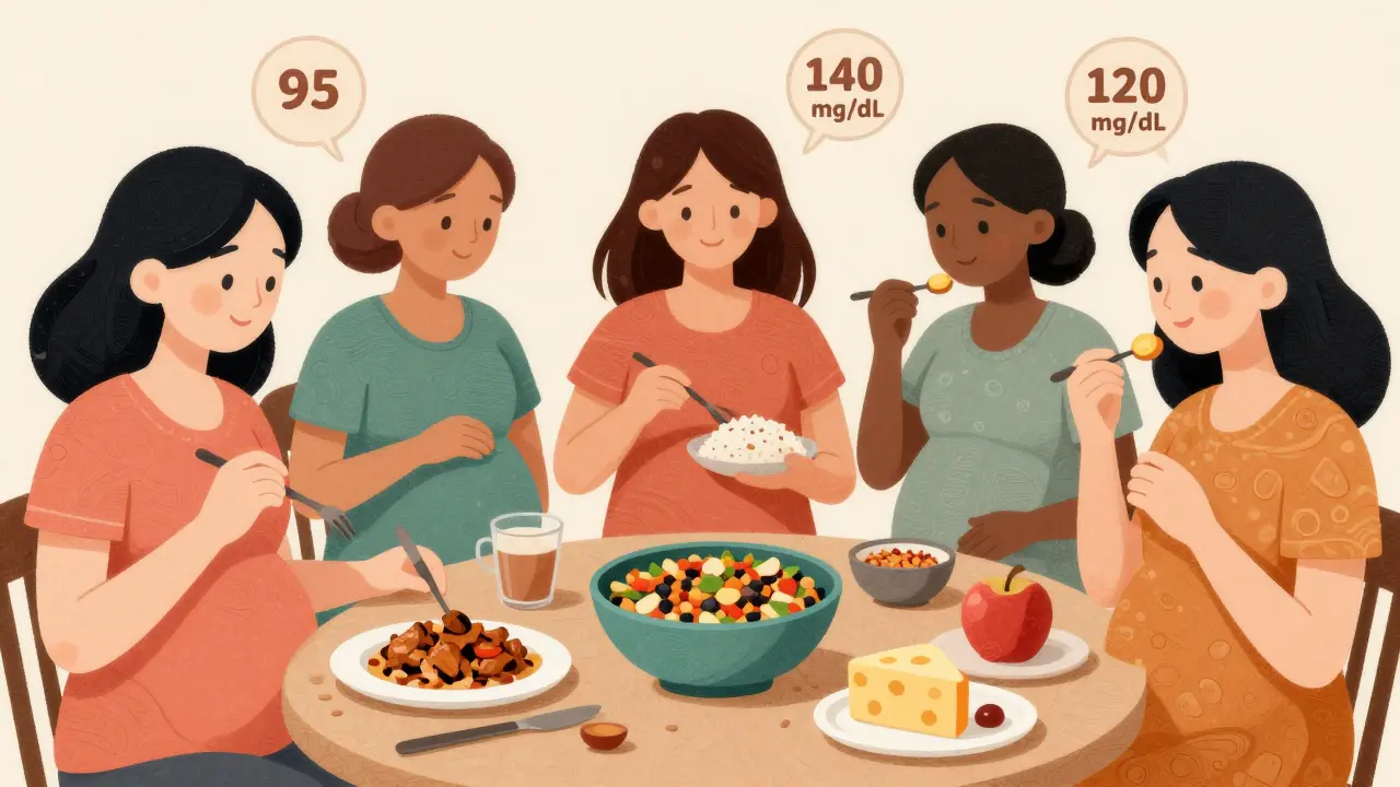 Diverse pregnant women sharing culturally inspired meals with blood sugar targets as soft halos.