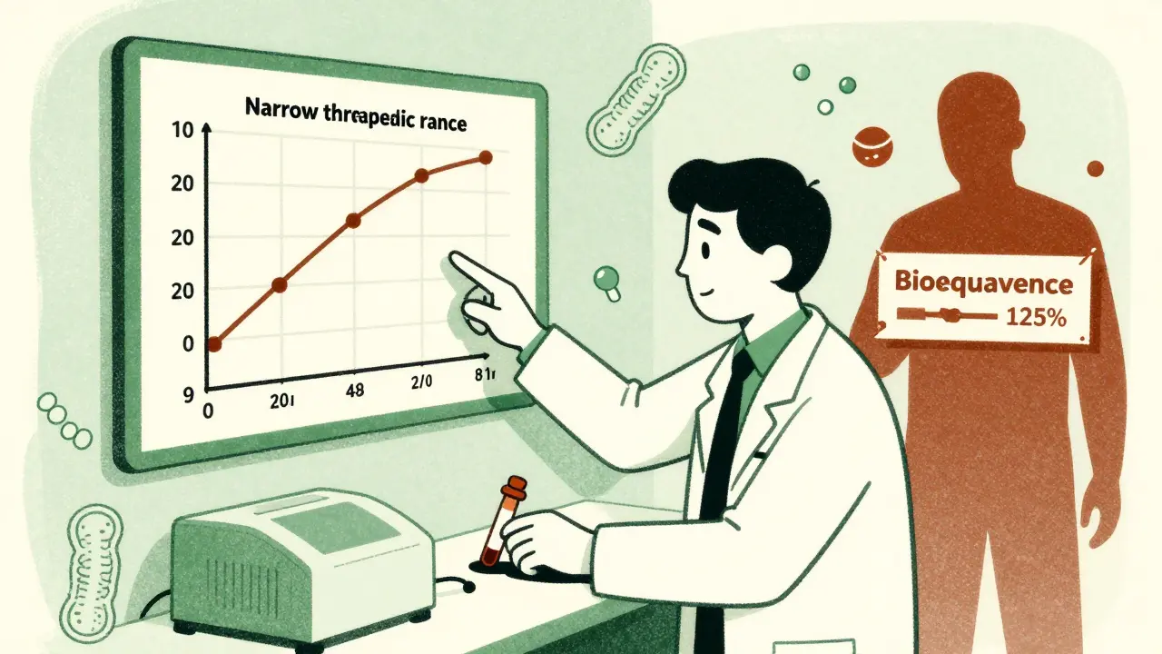 Doctor checking a phenytoin blood level chart while a bioequivalence figure shrugs in the background.