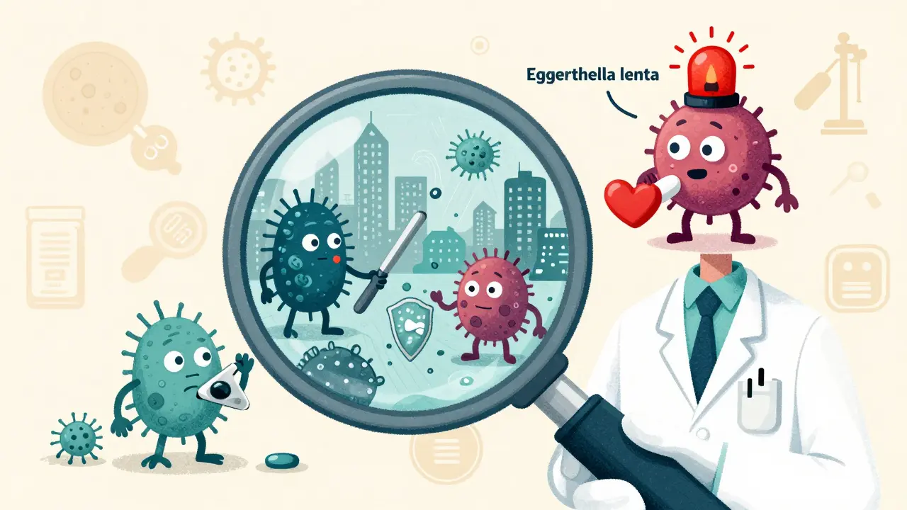 Doctor examining stool sample under magnifying glass, revealing bacteria manipulating drug molecules