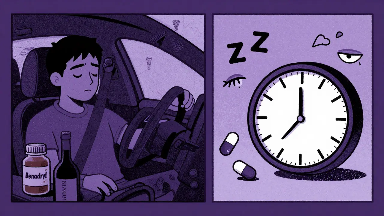 Driver asleep at wheel with medication and alcohol beside them, clock showing late night.