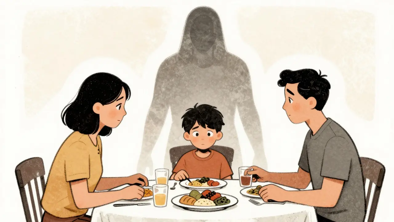 Family at dinner, teen anxious, distorted body image shadow looming behind, muted earth tones.