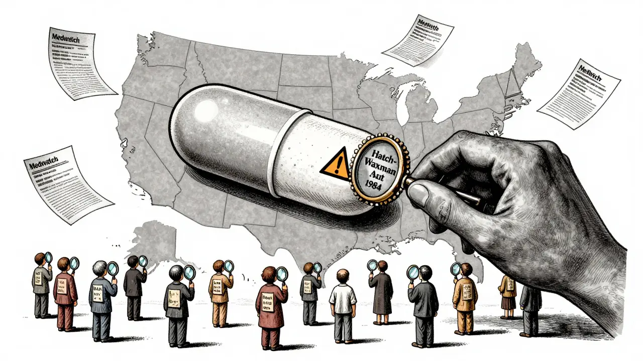 Giant generic pill over U.S. map, patients checking outdated labels, blocked by a seal labeled Hatch-Waxman Act.