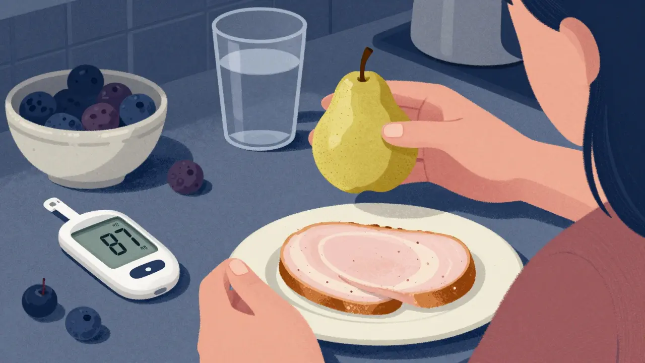 Hand holding a pear and turkey slice beside a glucose monitor showing 87 mg/dL at bedtime.