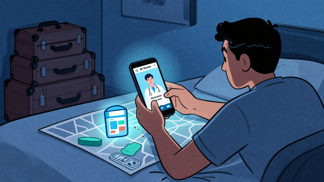 Man on hotel bed video-calling a doctor at night with pharmacy map visible.