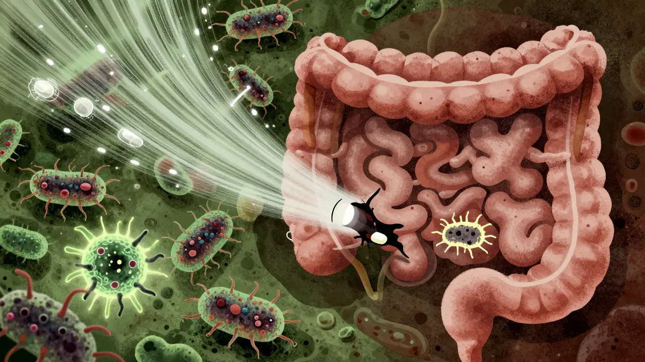 Microscopic gut scene showing bacteria dying from antibiotics vs. mutating after calcium interference.