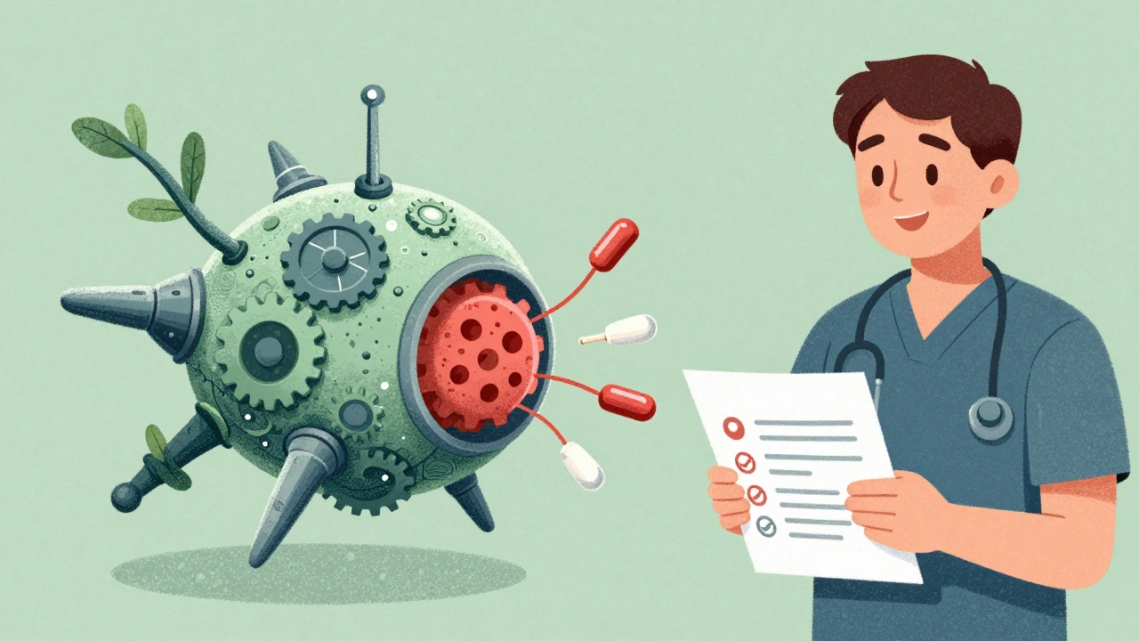 Nanoparticle spacecraft delivering chemo to tumor while sparing healthy tissue, patient holding safety checklist.