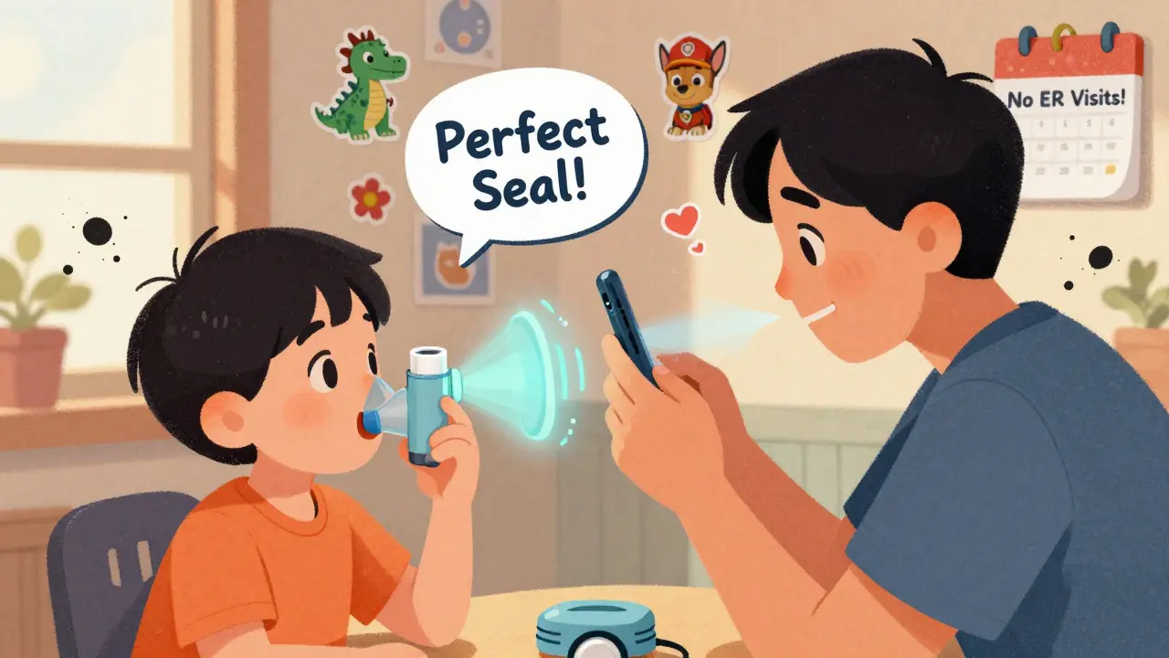 Parent recording a child's inhaler use on a phone, smart spacer glowing with a 'Perfect Seal' notification.
